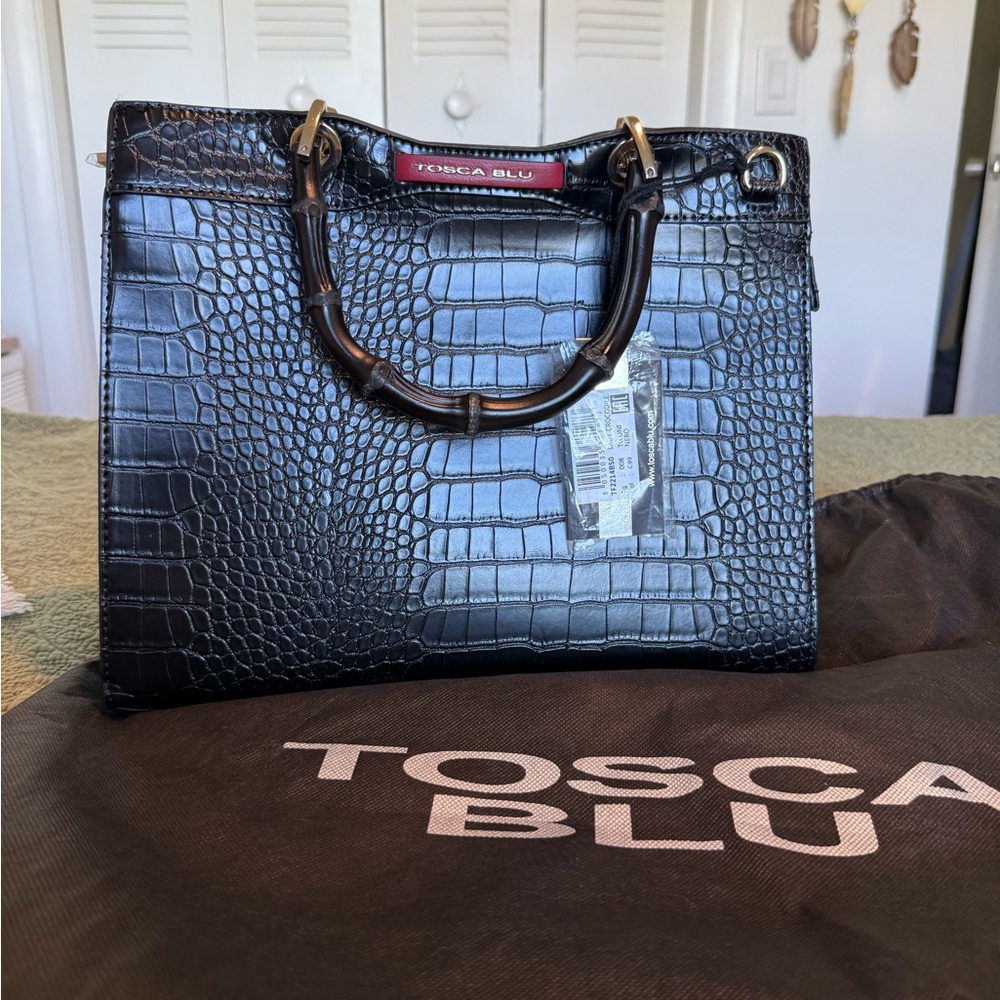 TOSCA BLU Black Croc-Embossed Bag with Red Accent